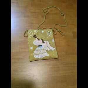 Rare Vintage Glass Beaded Heraldic Angel Gold Purse